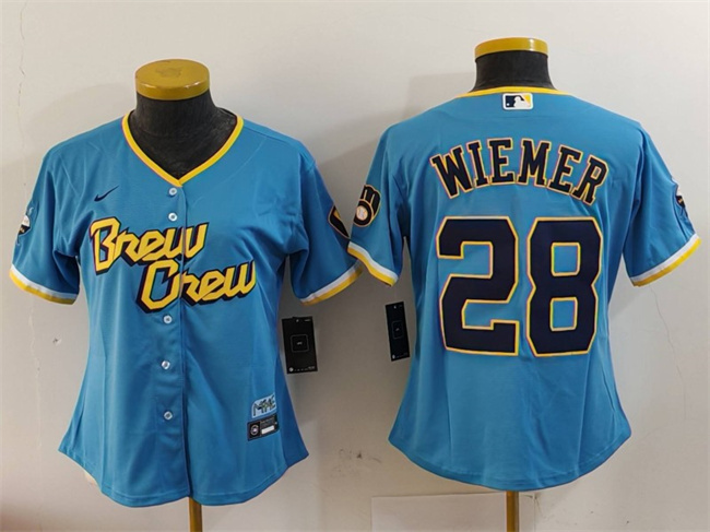 Youth Milwaukee Brewers #28 Joey Wiemer Powder Blue City Connect Stitched Jersey